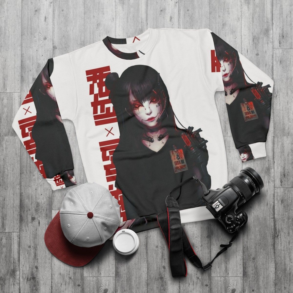 Cyborg girl vaporwave Japanese cyberpunk sweatshirt - flat lay