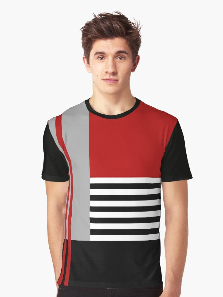 Colorful geometric minimalist design t-shirt featuring abstract patterns and shapes - Men