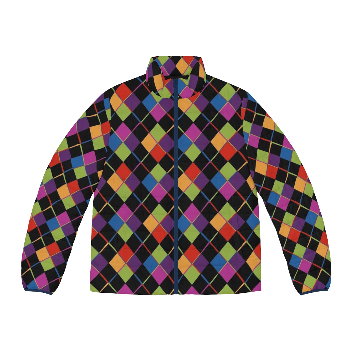 Colorful 1980s-inspired puffer jacket with a bold rainbow diamond pattern