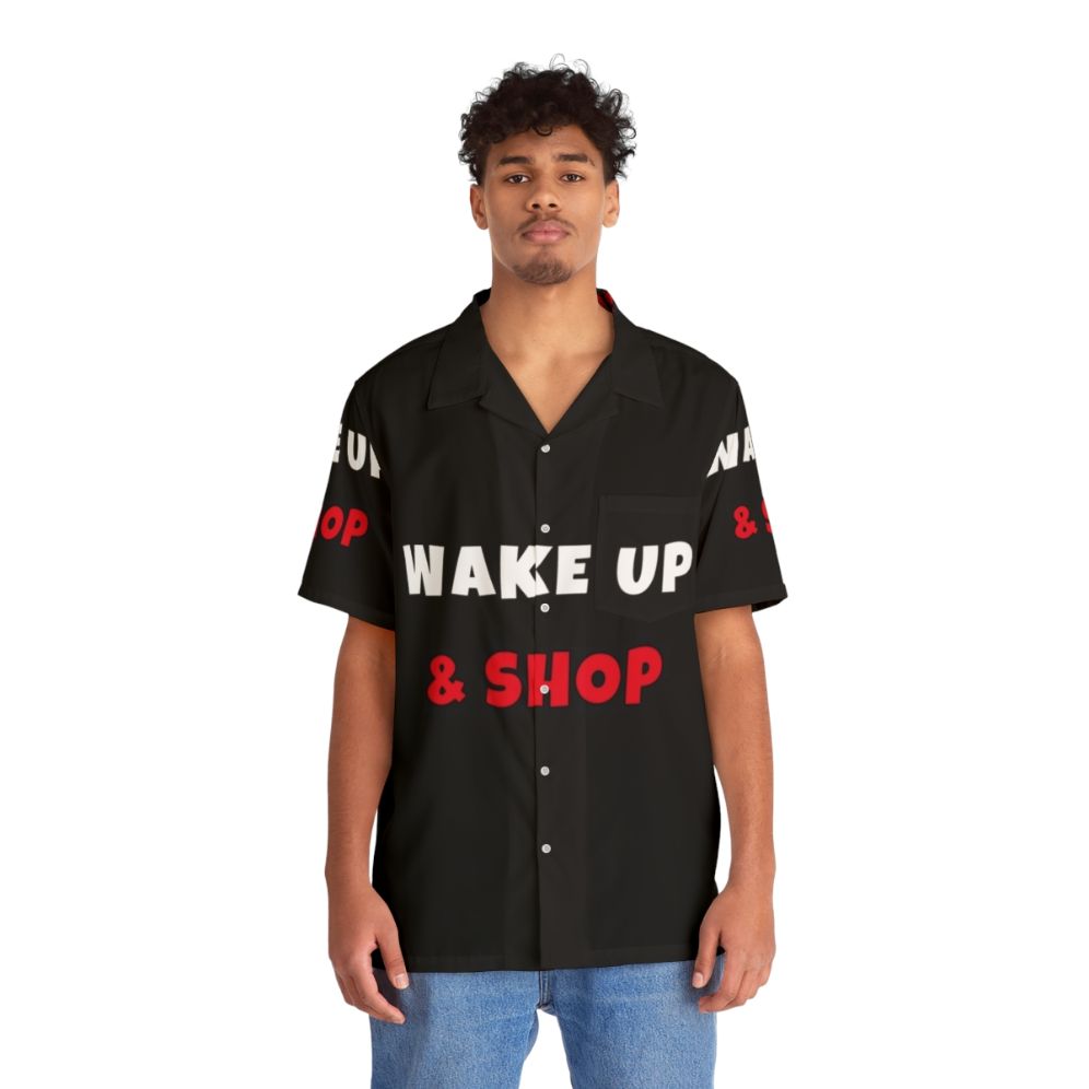 Wake Up And Shop Hawaiian Shirt with Activities and Hobbies Print - People Front