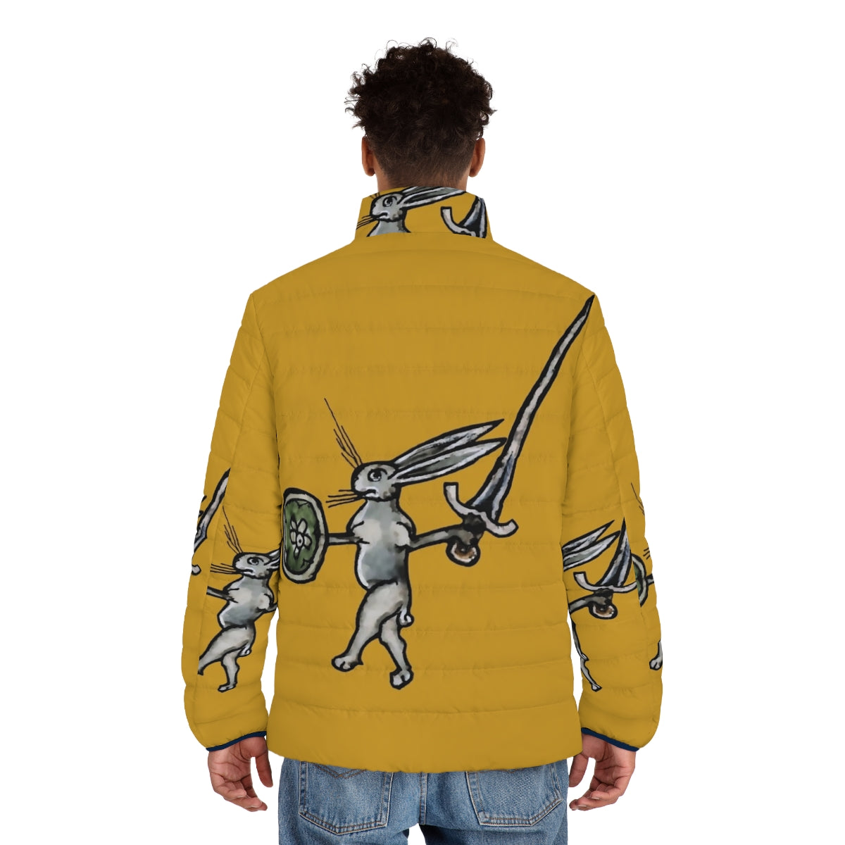 A puffer jacket featuring a rabbit warrior design, perfect for medieval, gothic, and emo fashion. - men back