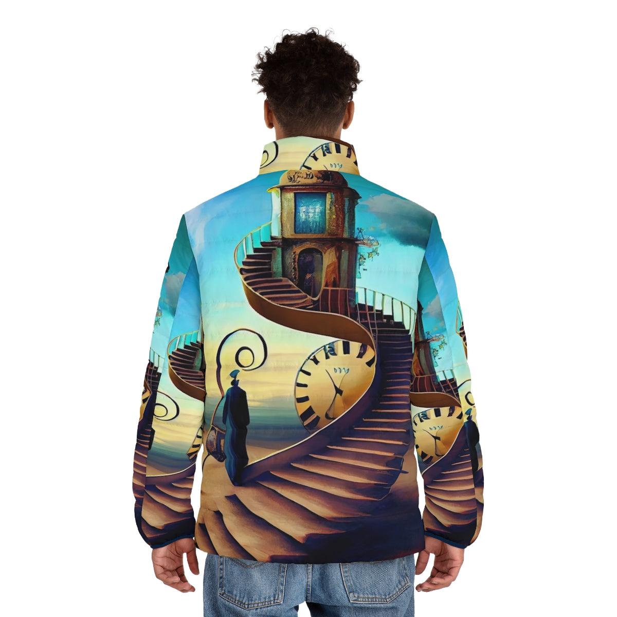 Salvador Dali Inspired Puffer Jacket with Surreal Imagery - men back