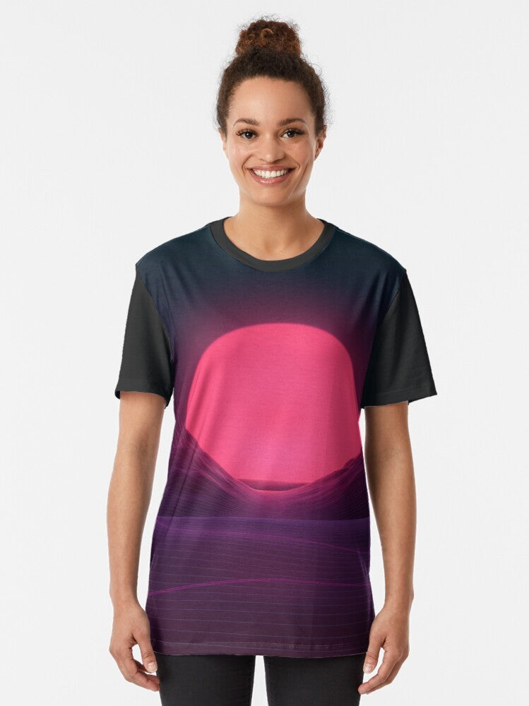 A vibrant neon sunset graphic t-shirt with retro 80s inspired landscape design. - Women