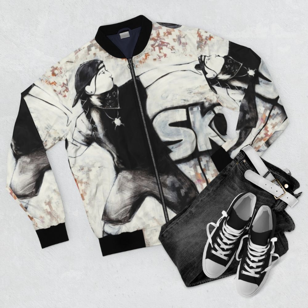 Reservation Dogs Skoden! Willy Jack Bomber Jacket with contemporary native american art and graffiti design - Flat lay