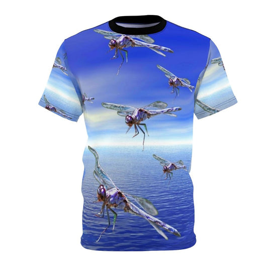 Model wearing a colorful t-shirt with a vibrant dragonfly and abstract pattern design