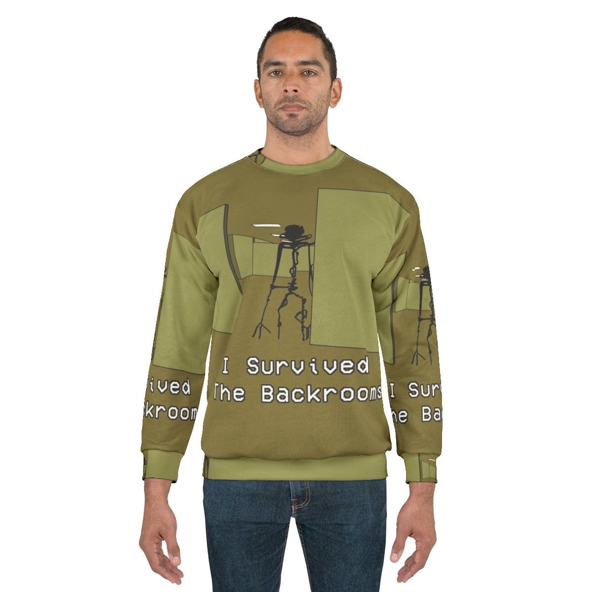 The Backrooms inspired creepy sweatshirt with horror fan art design - men