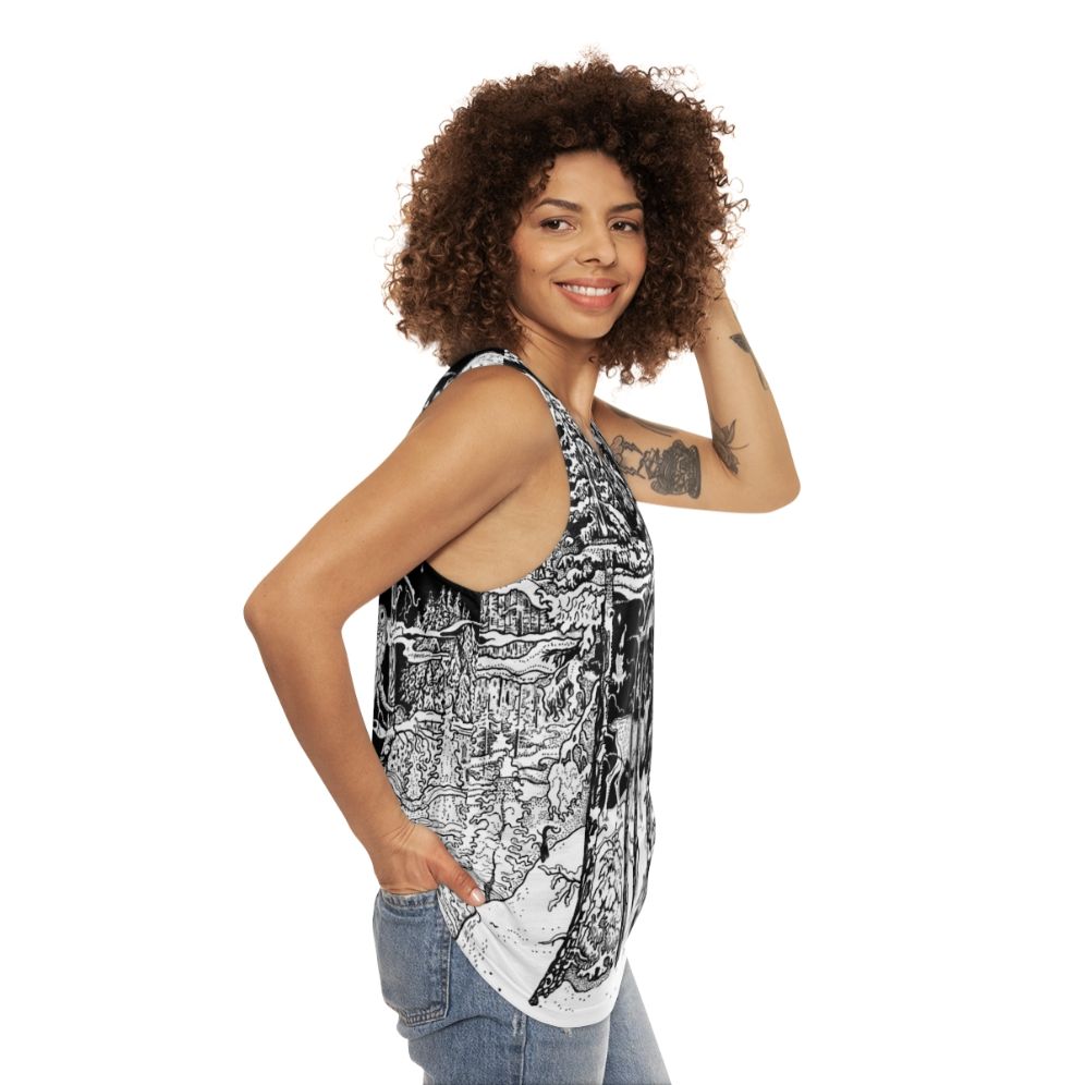 Unisex winter forest tank top with a scandinavian-inspired nature design - women side