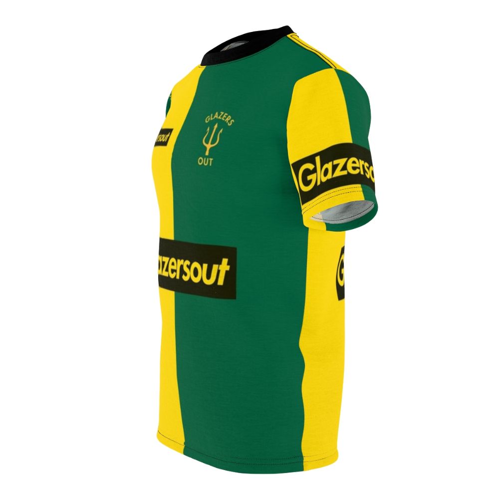 Unofficial Manchester United protest t-shirt featuring Glazers Out design in yellow and green colors. - men left