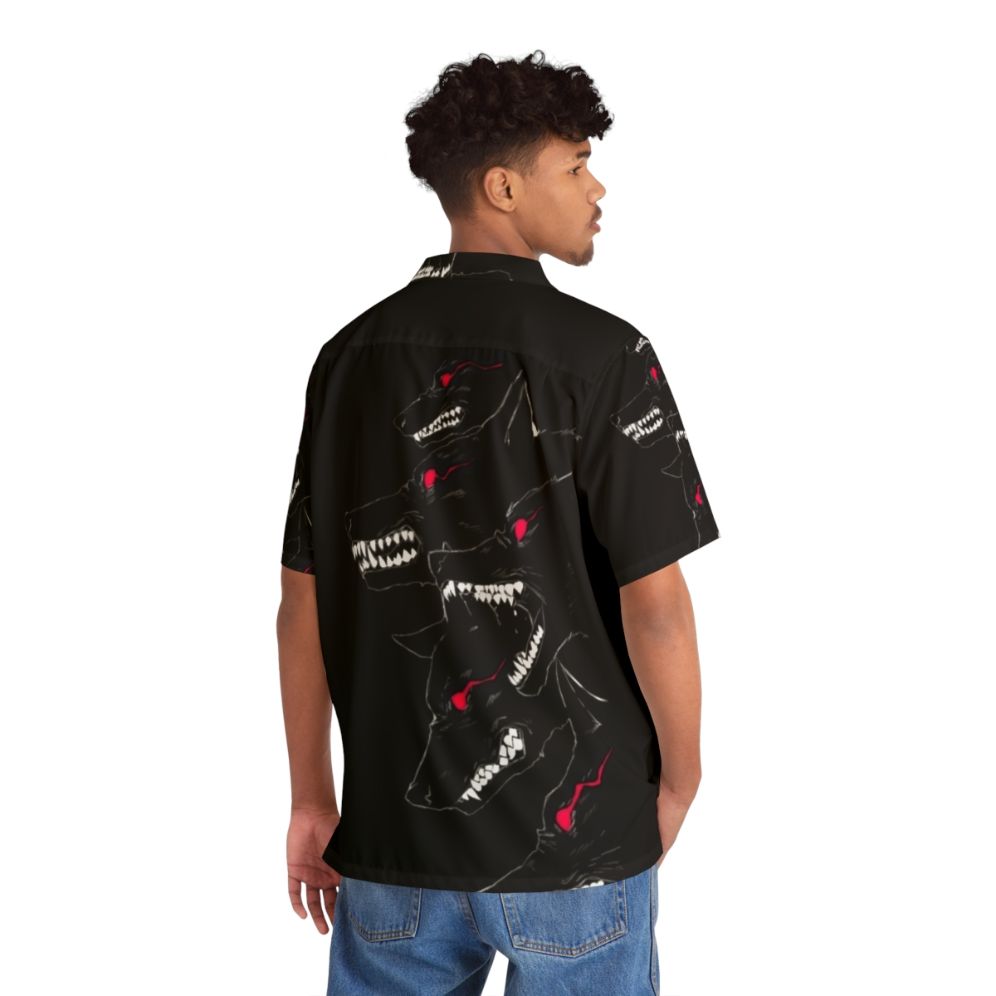 Black Hawaiian shirt featuring a fierce wolf pack design - People Back