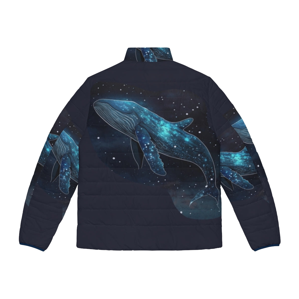 Puffer jacket featuring vibrant designs of legendary oceanic beasts and mythical sea creatures - Back