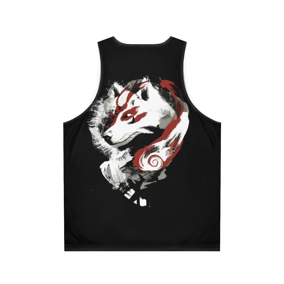 Unisex wolf graphic tank top with retro painterly okami and amaterasu design - Back