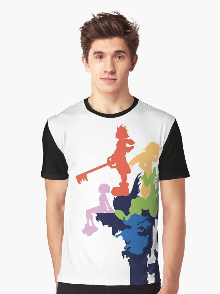 Kingdom Hearts Disney Graphic T-Shirt with Stylized Cover Art Featuring Sora, Riku, Kairi, Donald, and Goofy - Men