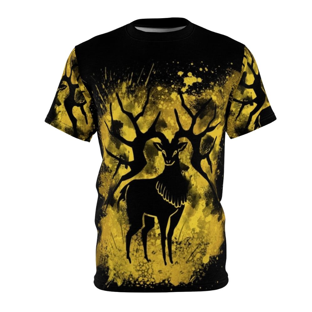 Golden deer splatter design printed on a high-quality t-shirt