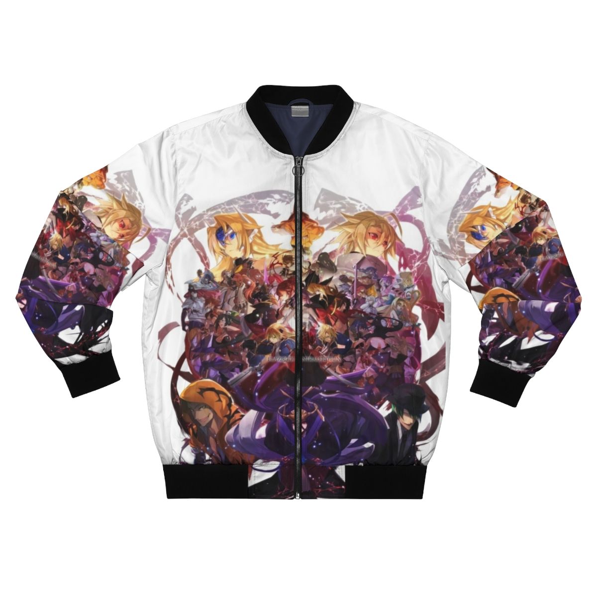 Blazblue Fighting Game Bomber Jacket with Characters Noel Vermillion, Ragna Bloodedge, and Hazama