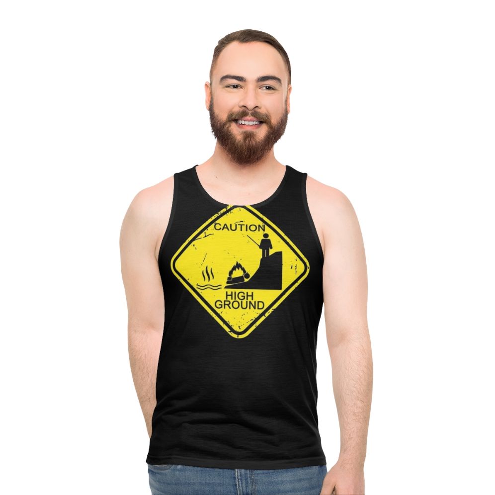 Unisex tank top with 'Caution High Ground' stick figure design - men