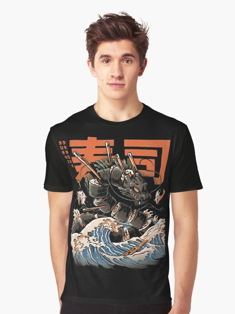 A vibrant graphic tee featuring a stylized dragon devouring sushi against a backdrop of the iconic Kanagawa wave, evoking the essence of Japanese culture and kaiju art. - Men