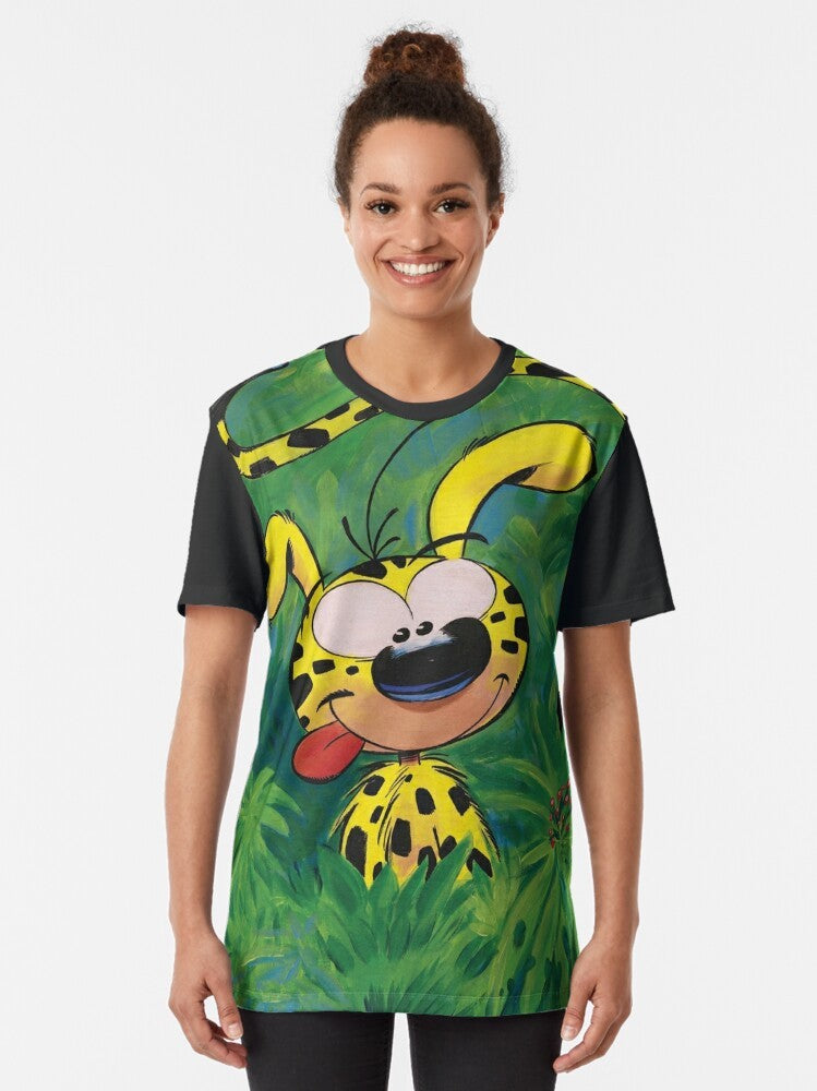 Marsupilami, the iconic comic book character, featured in a colorful and playful graphic t-shirt design. - Women