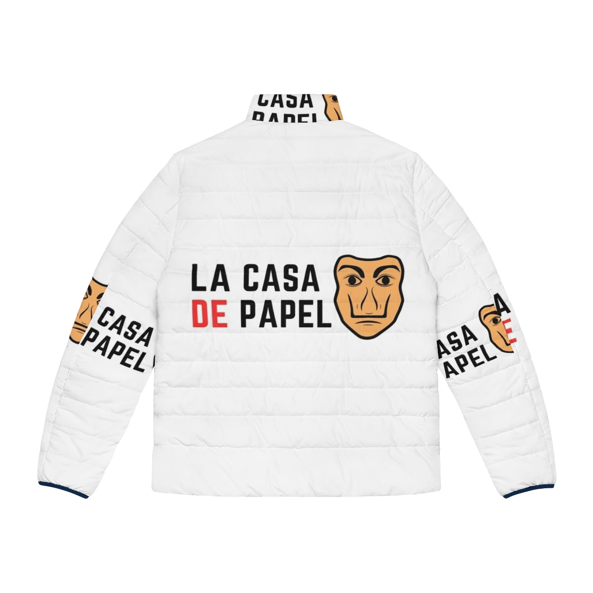 Money Heist Puffer Jacket featuring iconic characters from the Netflix series - Back