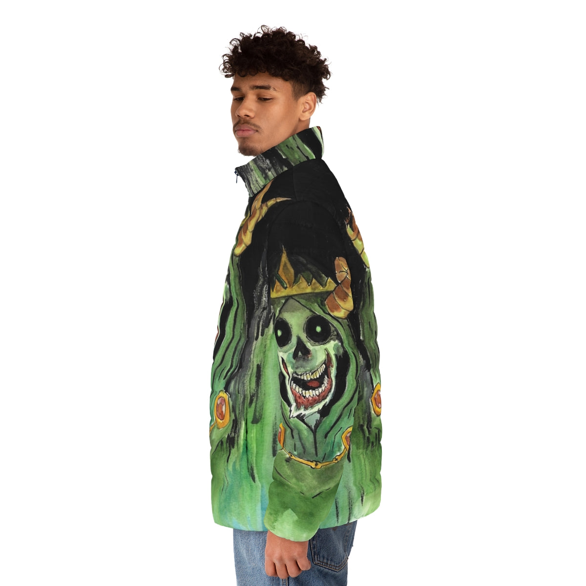 A puffer jacket with a lich or undead skull design, perfect for horror and fantasy enthusiasts - men side left