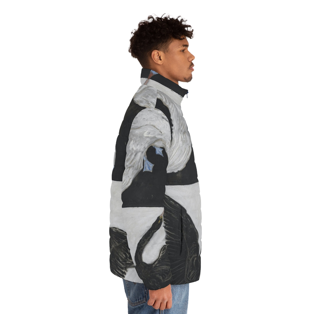 Black and white swan puffer jacket with Hilma Af Klint inspired graphic design - men side right