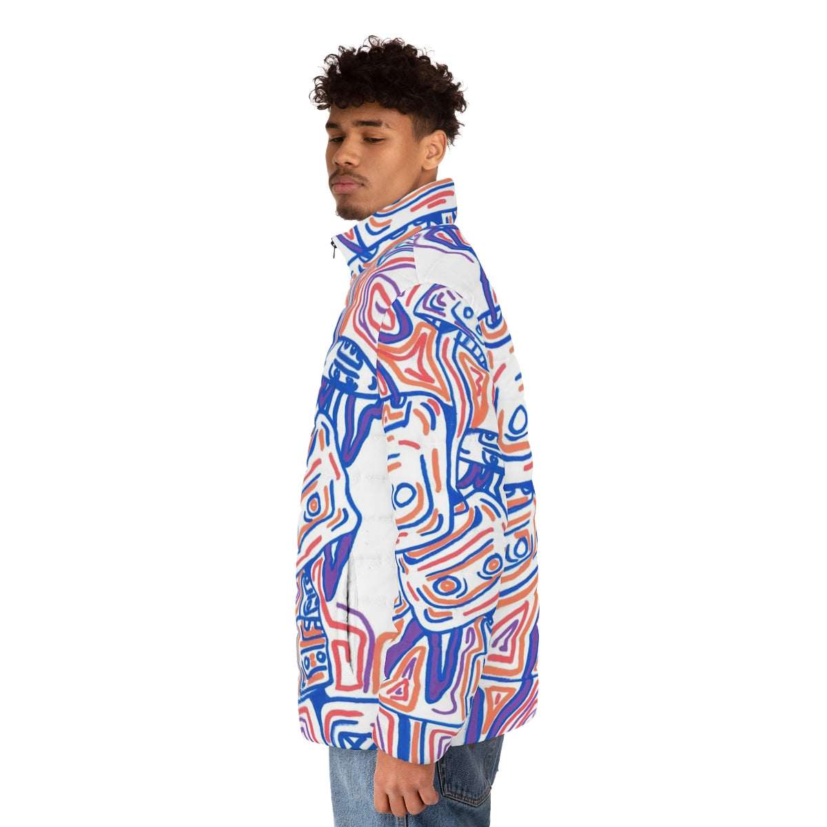 Sikes Tapes Puffer Jacket featuring a graphic design of purple and orange cassette tapes and graffiti-inspired elements - men side left