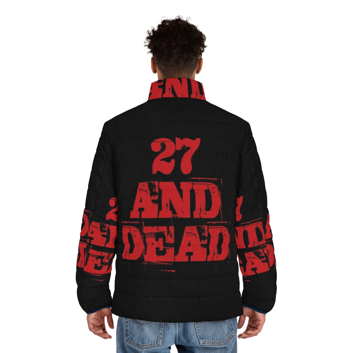 '27 and Dead' retro puffer jacket featuring pop culture references - men back