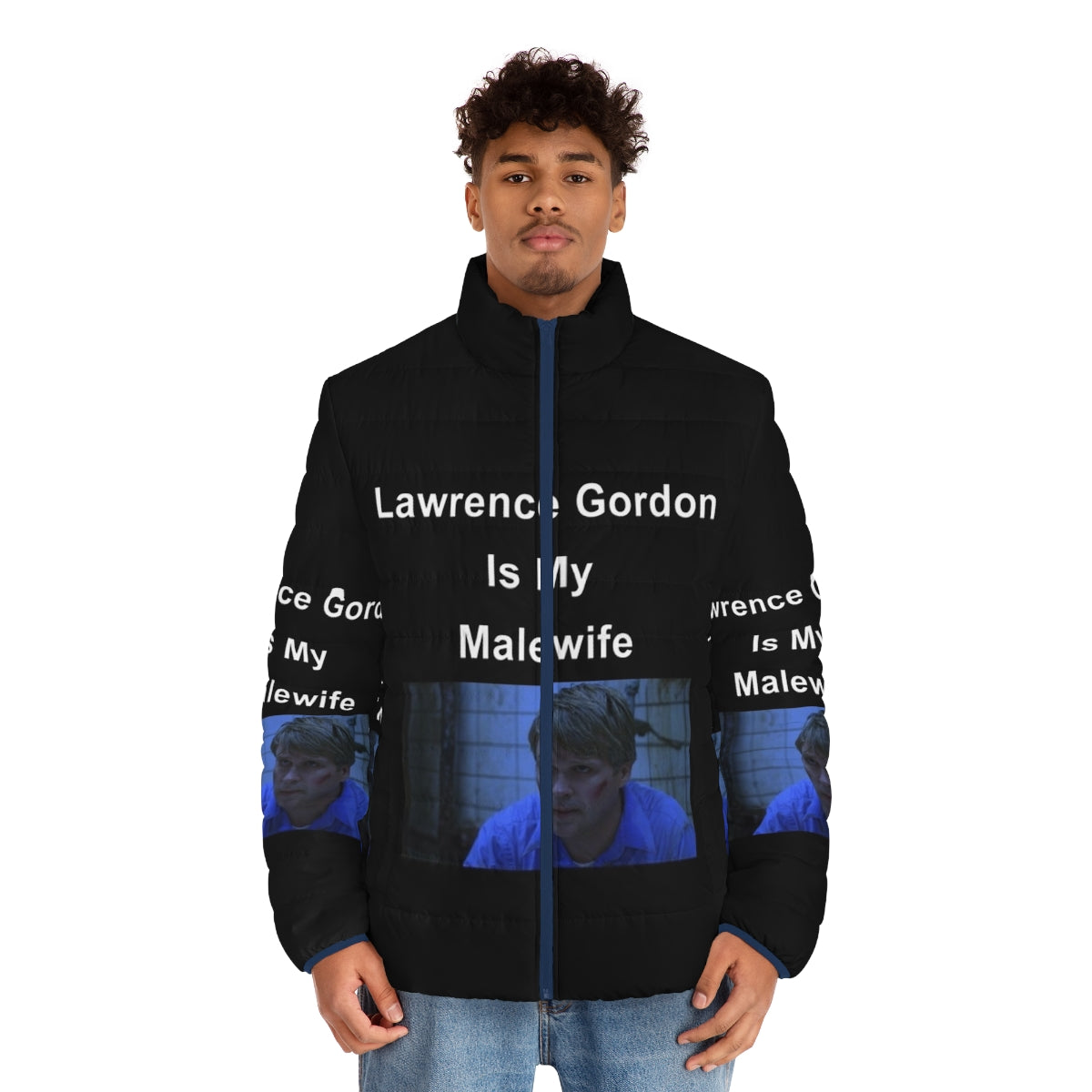 Puffer jacket inspired by the character Lawrence Gordon from the horror movie Saw - men front