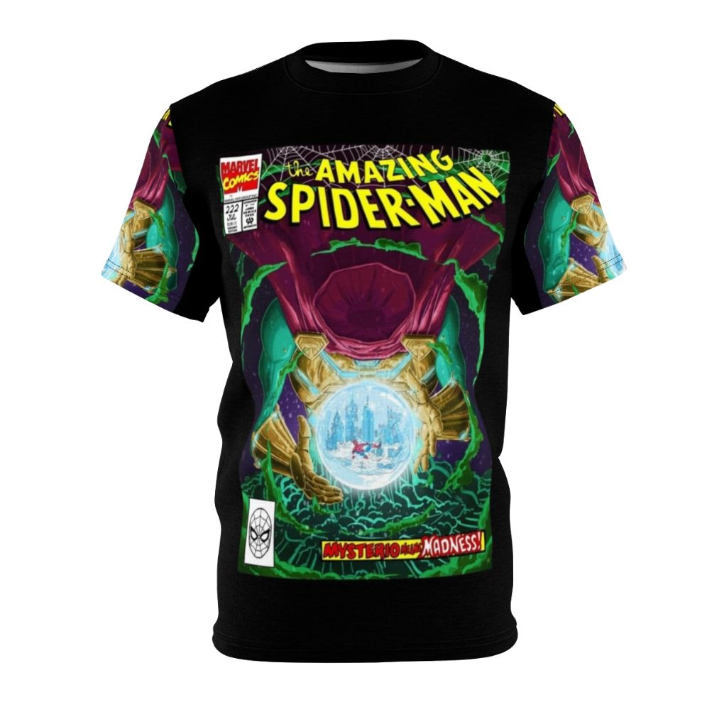 A stylized t-shirt design featuring Mysterio, a Spider-Man supervillain, in a comic-inspired art style.