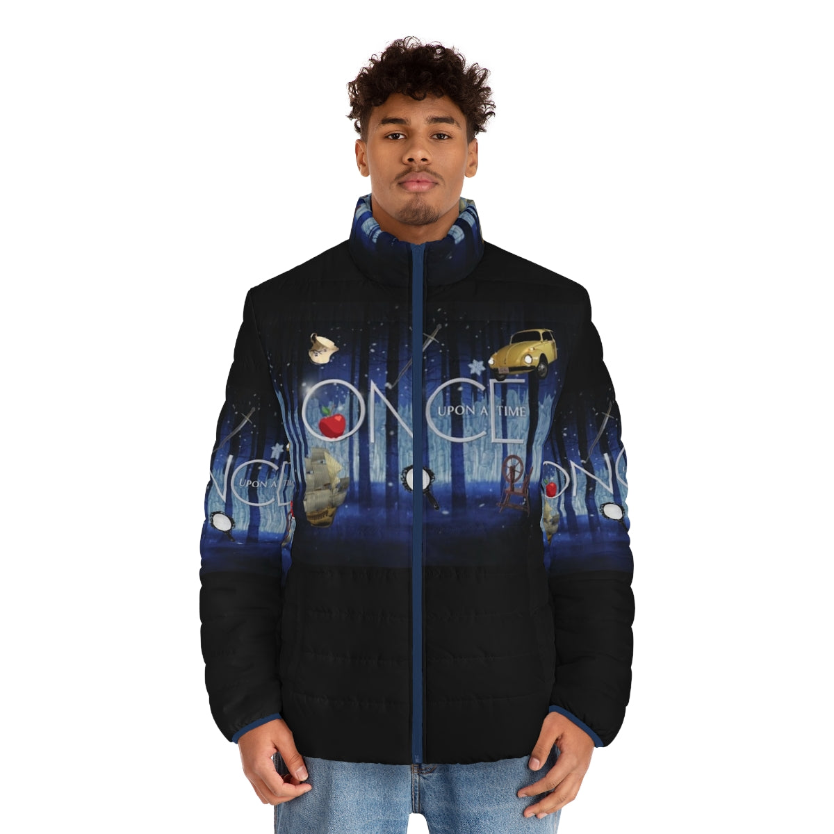 Once Upon A Time Puffer Jacket with Fairy Tale Inspired Design - men front