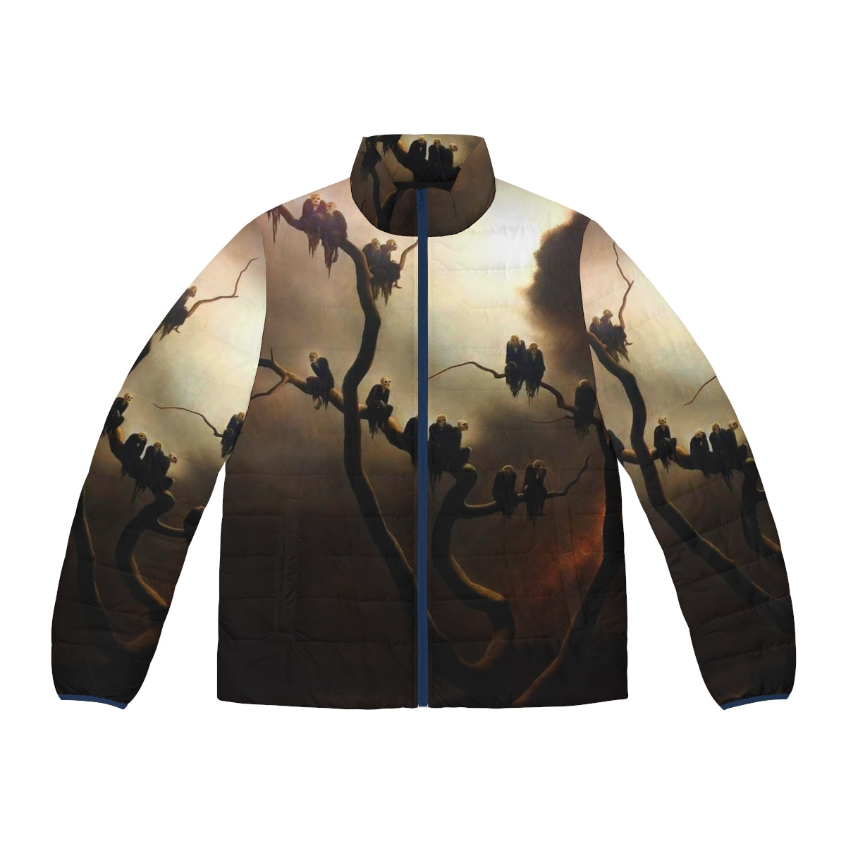 Retro puffer jacket with a surreal, haunting design featuring ghostly figures in a tree