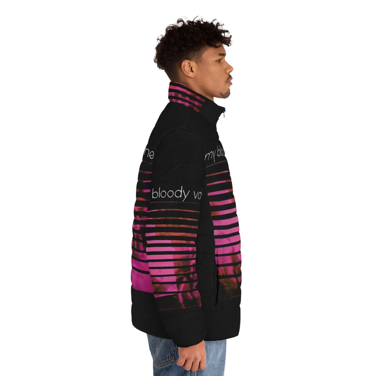 My Bloody Valentine 'Loveless' inspired puffer jacket with shoegaze and indie music themes - men side right