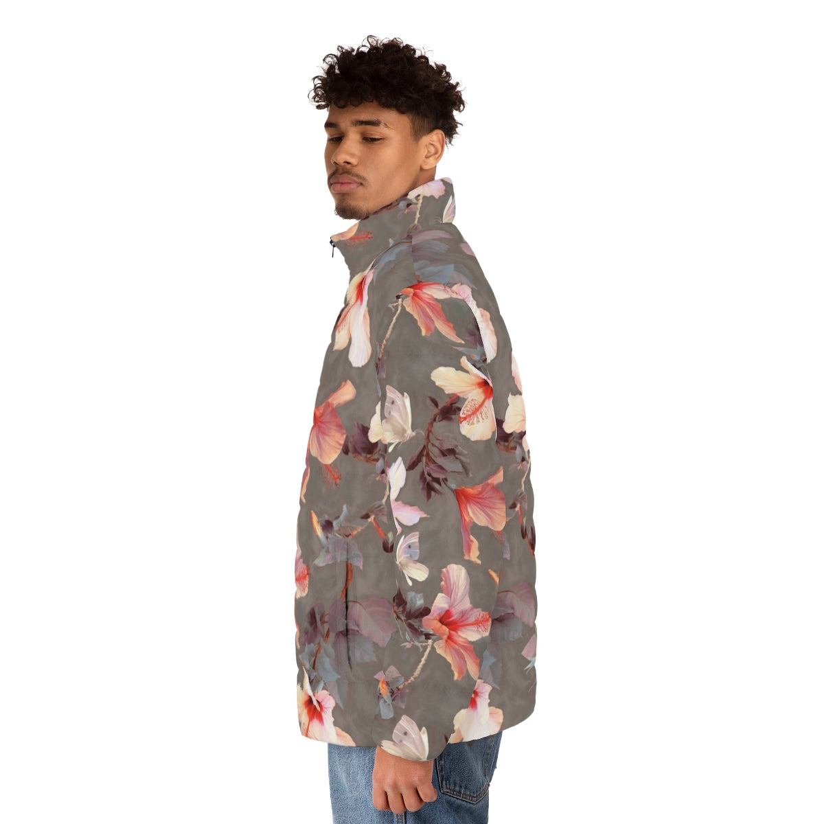 Coral hibiscus floral puffer jacket with tropical butterfly pattern - men side left