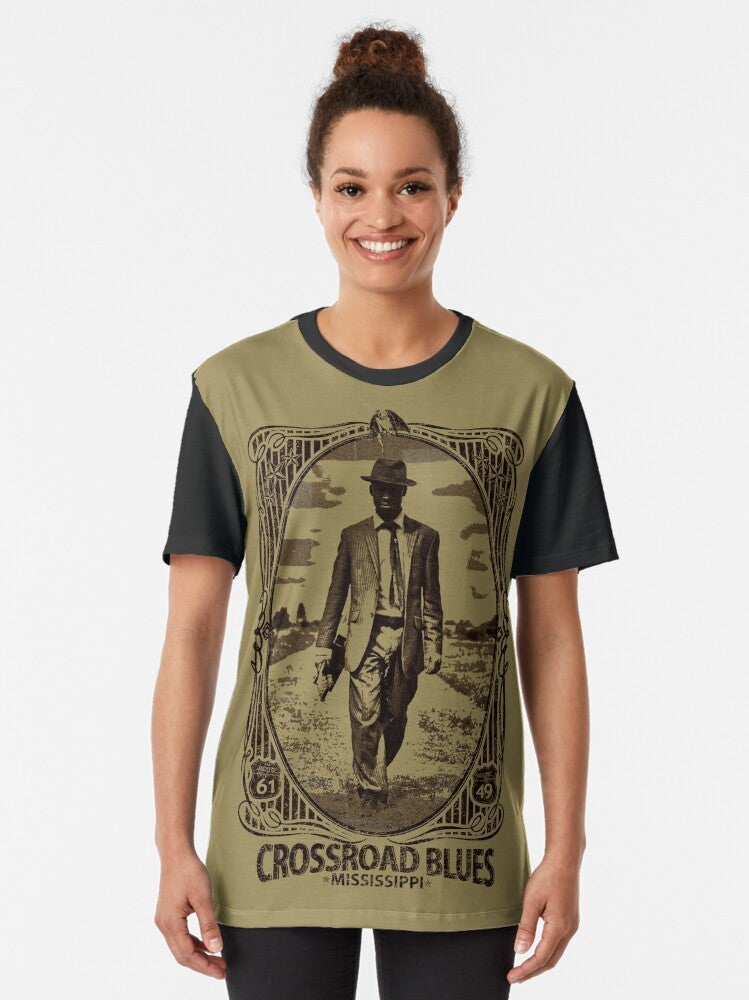 Crossroad Blues Graphic T-Shirt featuring Robert Johnson's Delta Blues design - Women