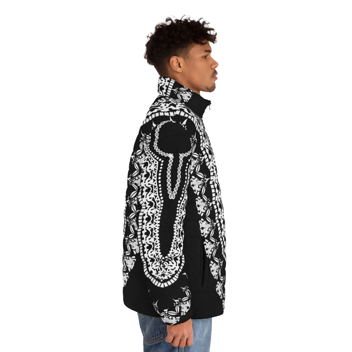 A black puffer jacket with a wakanda-inspired tribal pattern design - men side right