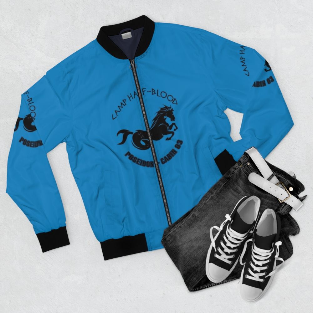 Demigod Poseidon Bomber Jacket featuring a mythological design with water and ocean elements - Flat lay