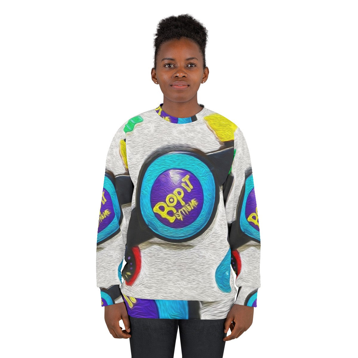 Bop It Extreme retro sweatshirt with colorful meme-inspired design - women