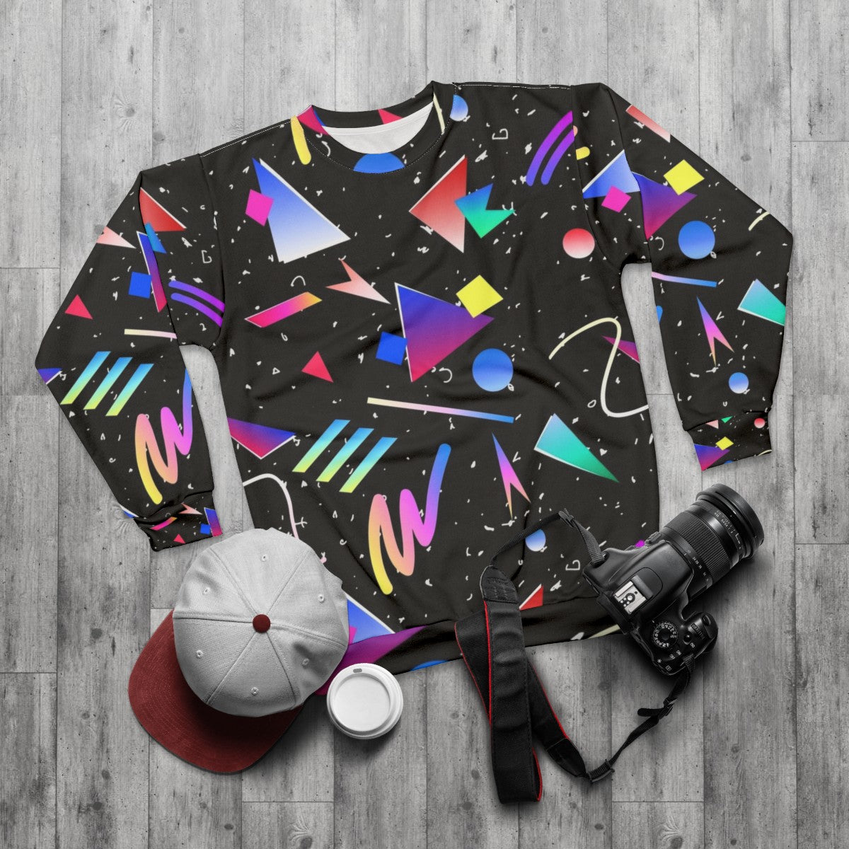 80s 90s Abstract Pattern Black Sweatshirt - flat lay