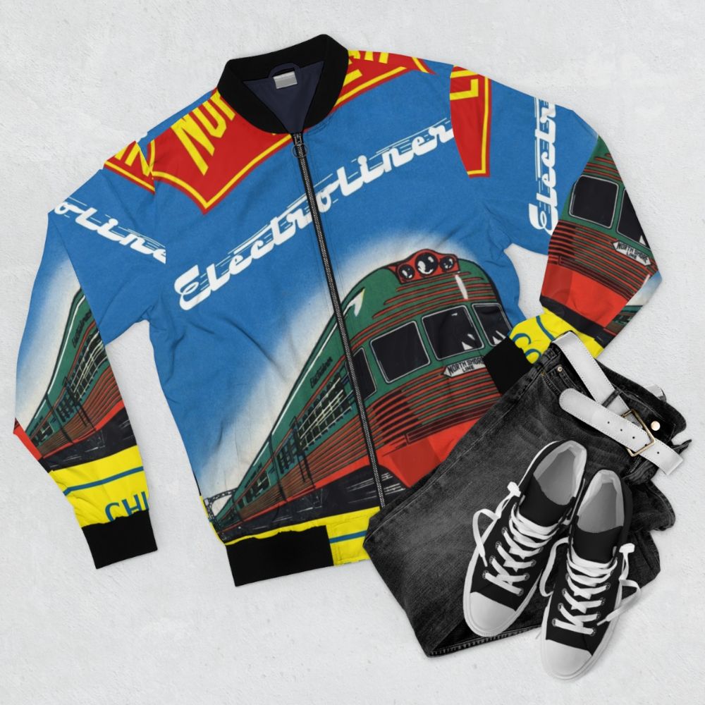 Vintage North Shore Electroliner Bomber Jacket with train and city motif - Flat lay