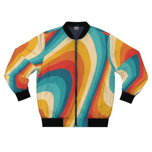 70s retro aesthetic bomber jacket with a colorful abstract pattern featuring fluid lines and stripes in shades of blue, red, orange, and yellow.