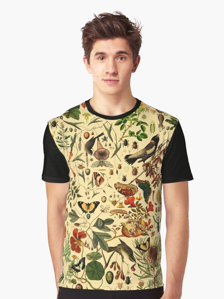 Biology 101 Warm Nature Graphic T-Shirt with a repeating pattern of plants, insects, and animals - Men