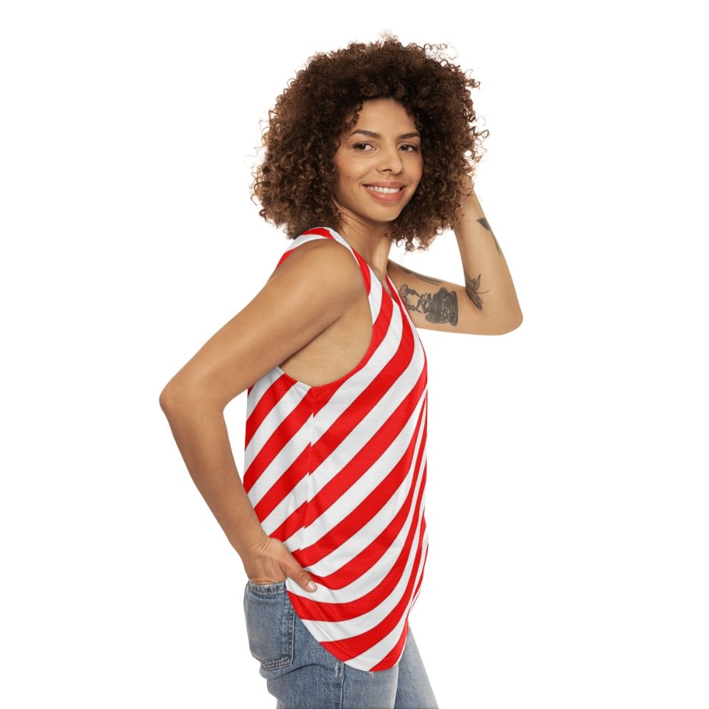 Unisex tank top with red and white diagonal stripes - women side