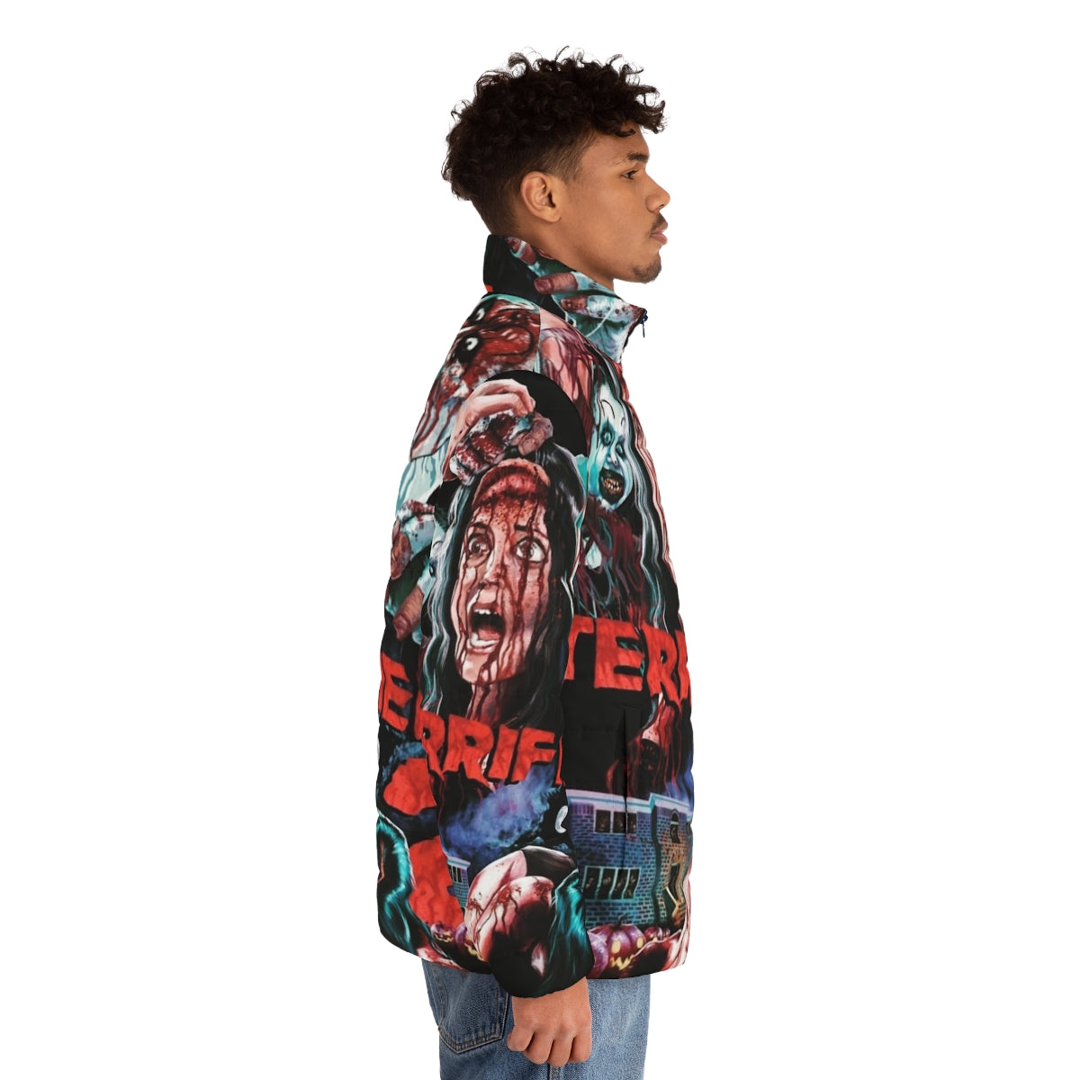 Terrifier 2 Art the Clown Puffer Jacket featuring the iconic horror movie character - men side right