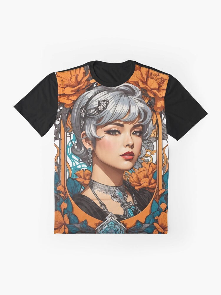 Bohemian silver haired woman wearing a floral retro vintage graphic t-shirt - Flat lay