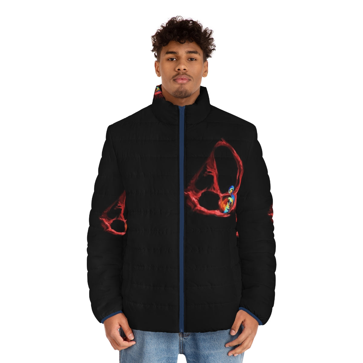 Puffer jacket with echocardiography-inspired design for heart valve disease patients - men front