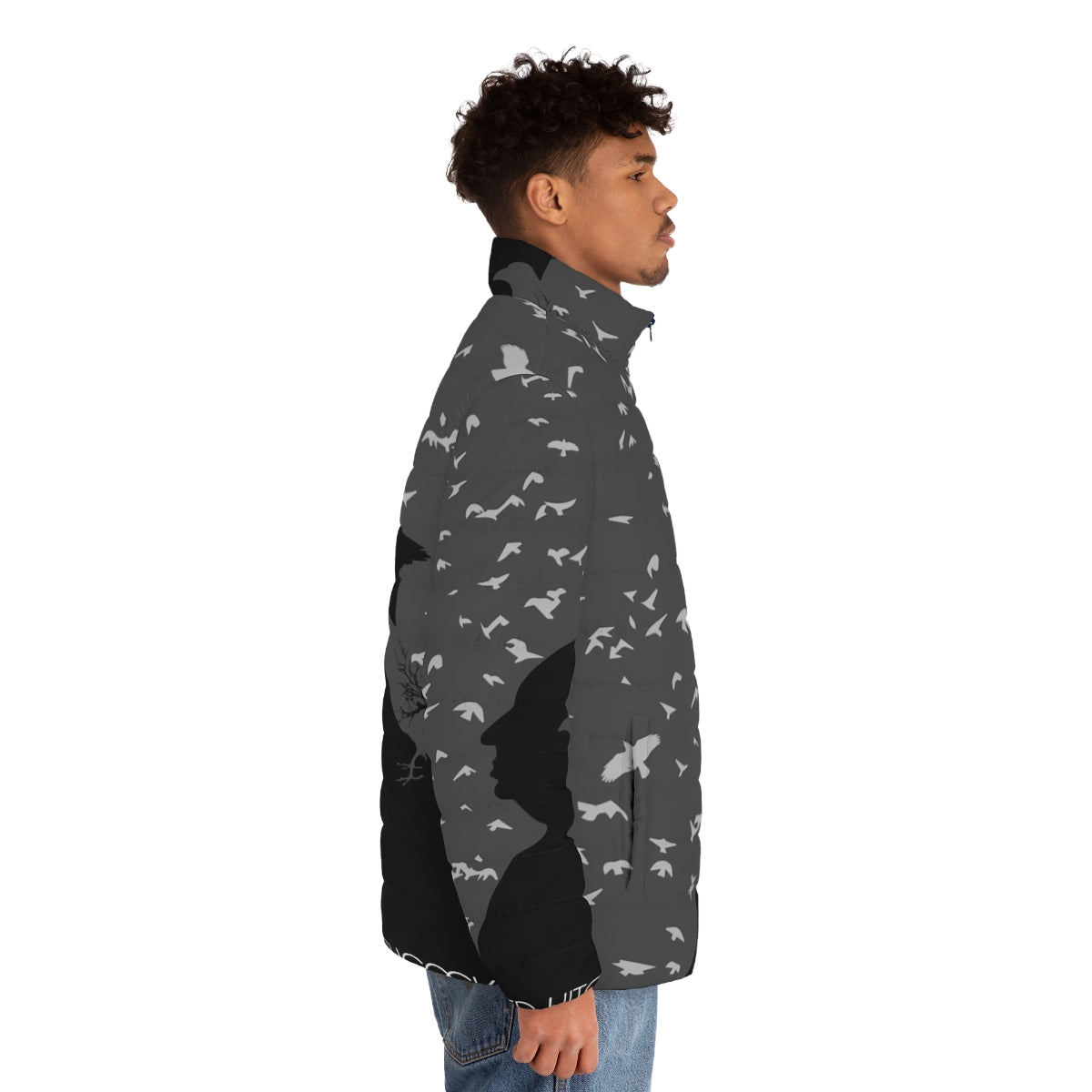 Alfred Hitchcock inspired The Birds puffer jacket with black and white imagery - men side right