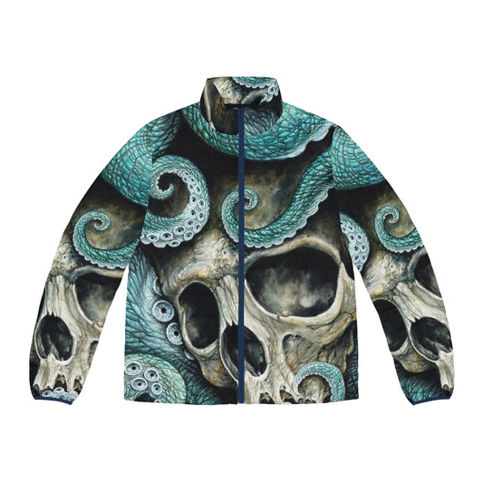 Puffer jacket with oil painting design featuring skull, octopus, and marine life motifs