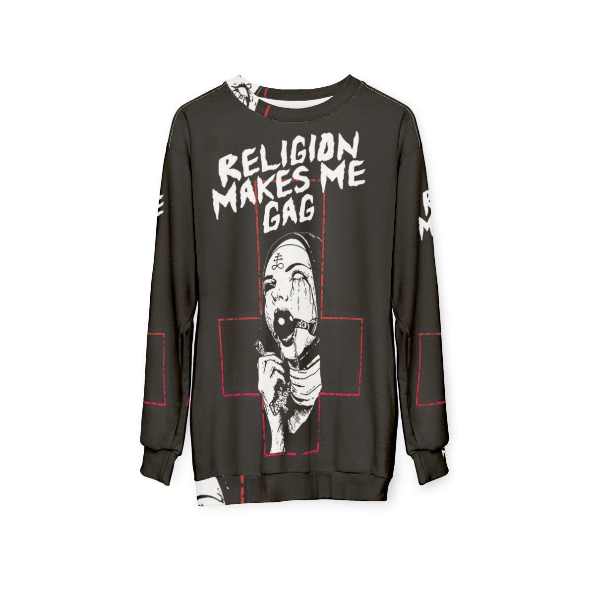 Edgy gothic "religion makes me gag" womens sweatshirt - hanging