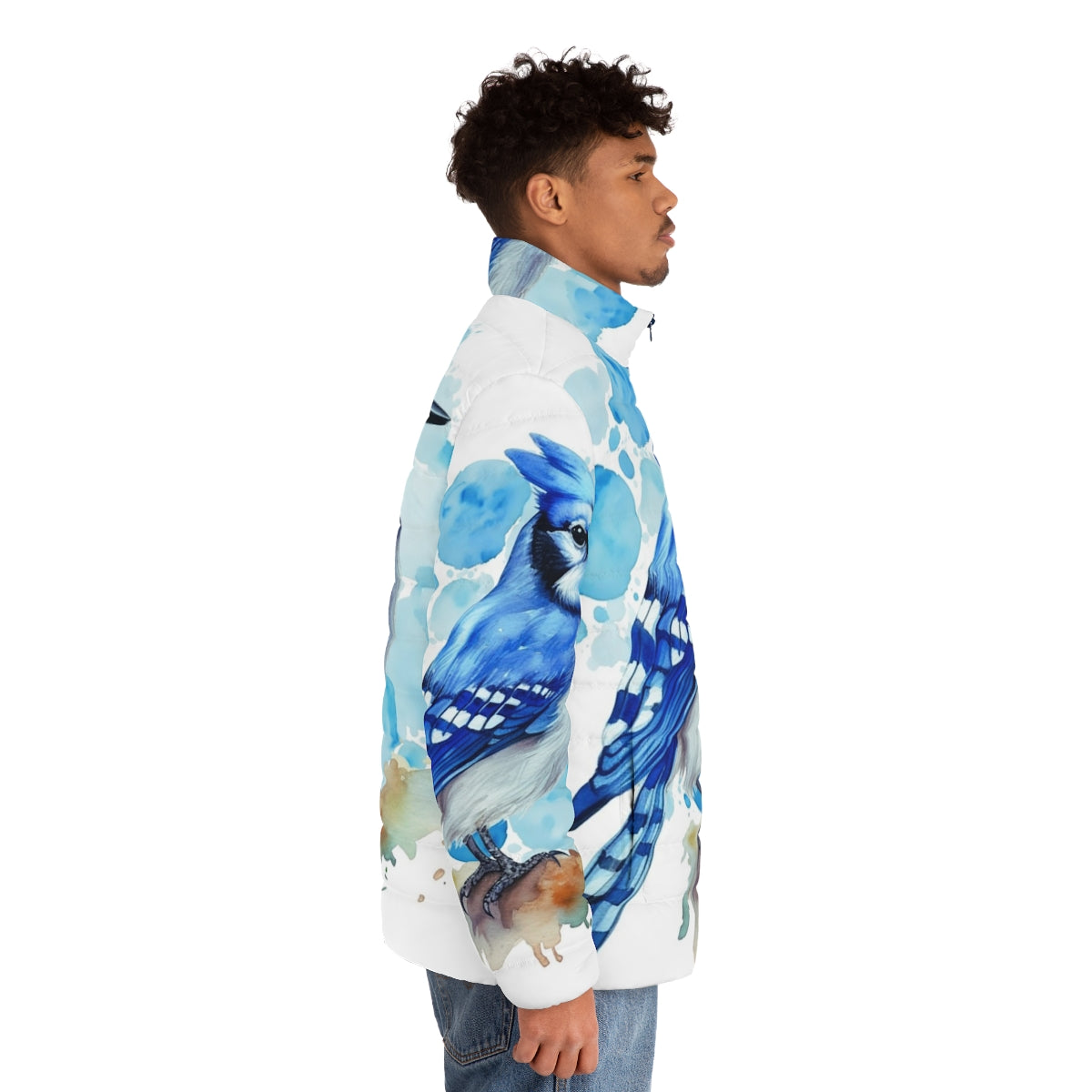 Blue Jay Puffer Jacket with Feather Design - men side right