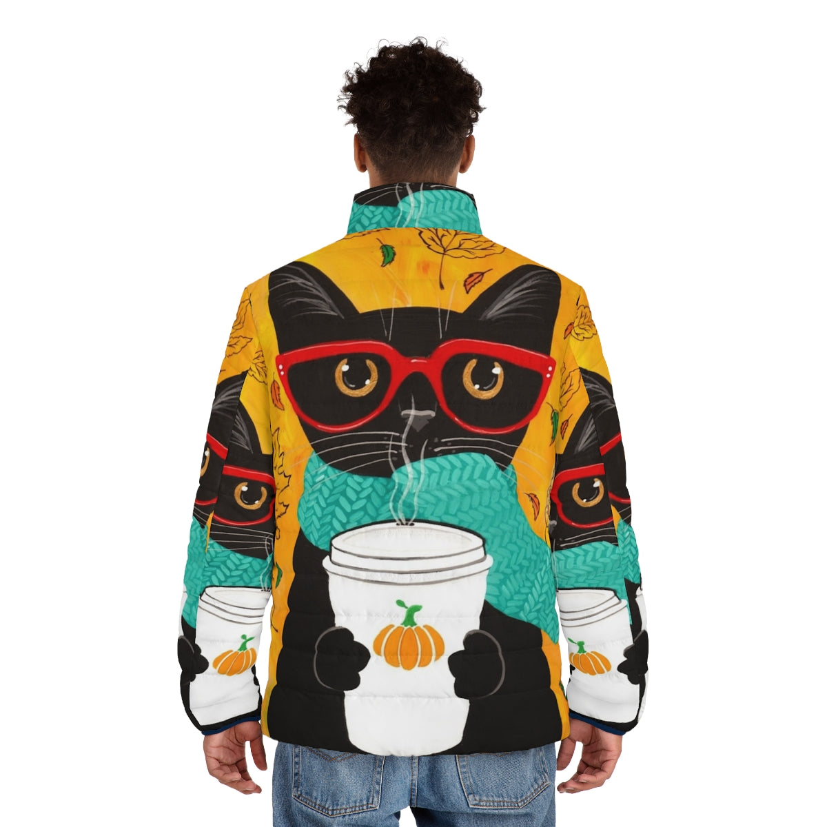 Adorable cat wearing a pumpkin spice puffer jacket - men back