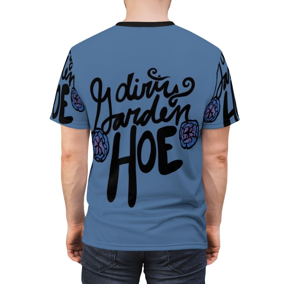 Graphic t-shirt featuring a design of a garden hoe, perfect for gardening enthusiasts. - men back